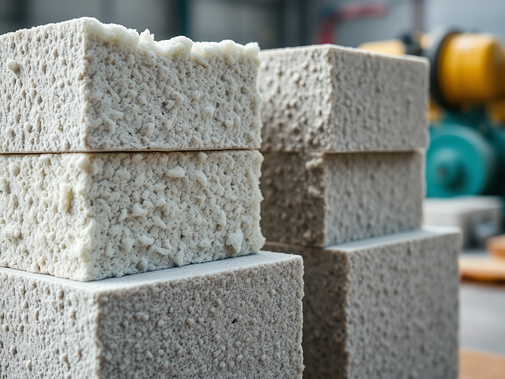 Строительные блоки с изменённой текстурой, stacked ассиметрично, в производственном помещении.