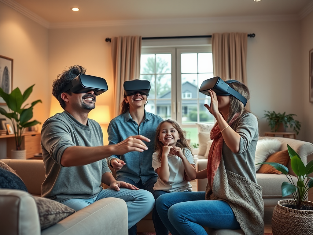 Семья смеется и играет в виртуальной реальности в уютной комнате. На них VR-оч goggles.
