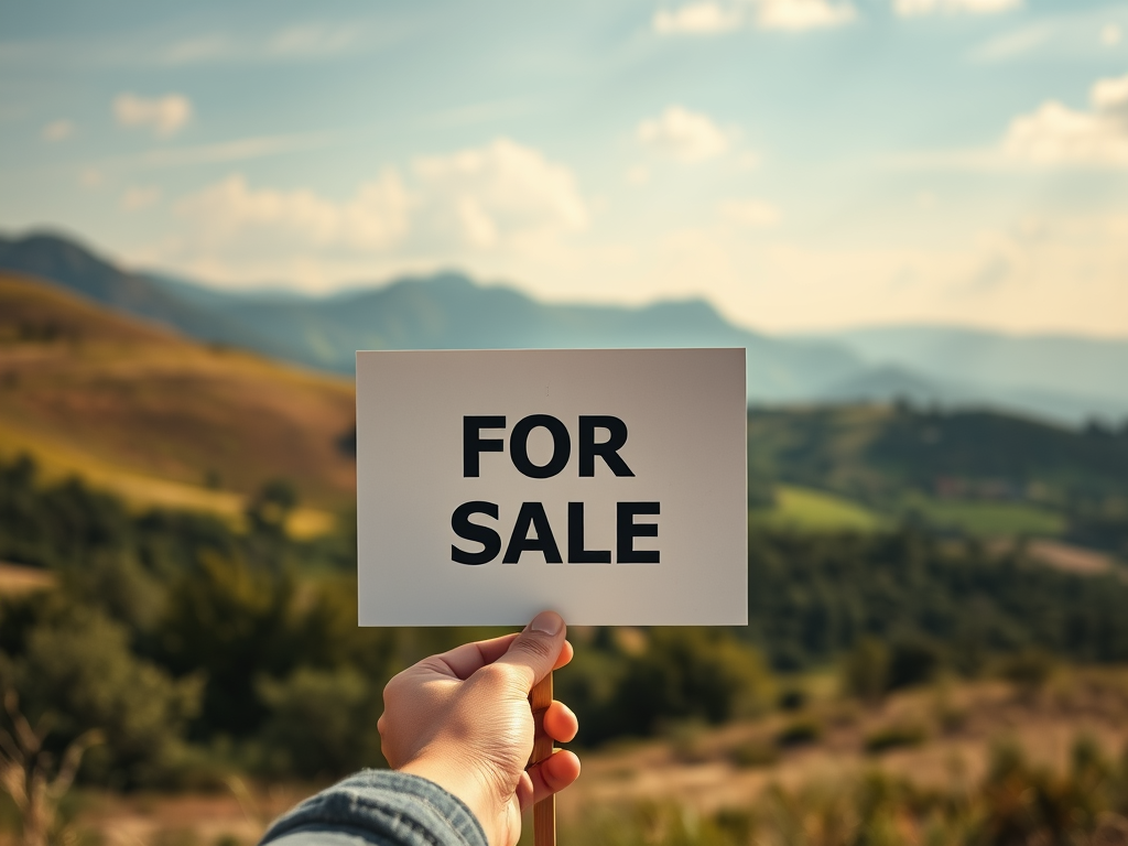 Человек держит белый знак с надписью "FOR SALE" на фоне горного пейзажа.