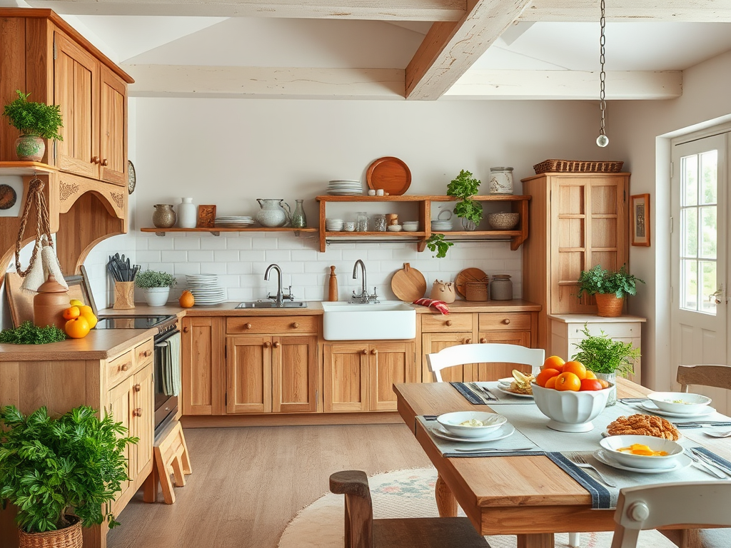 Светлая кухня с деревянной мебелью, зелеными растениями и столом, накрытым для завтрака с фруктами.