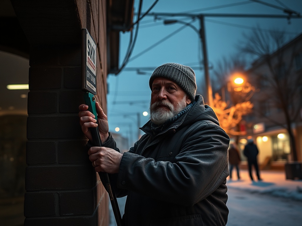 Пожилой мужчина с бородой снимает табличку на улице в вечернее время. На заднем плане видны люди и здания.