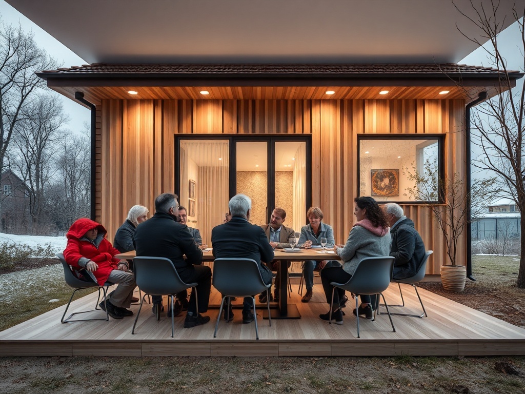 Группа людей обсуждает что-то за столом на открытой террасе современного дома. Зима.