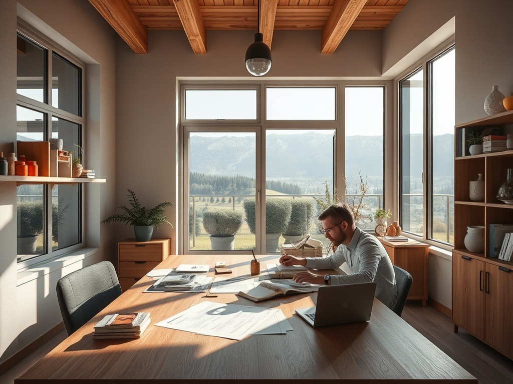 В офисе с большими окнами мужчина работает над бумагами, на столе ноутбук и документы, вокруг уютная обстановка.