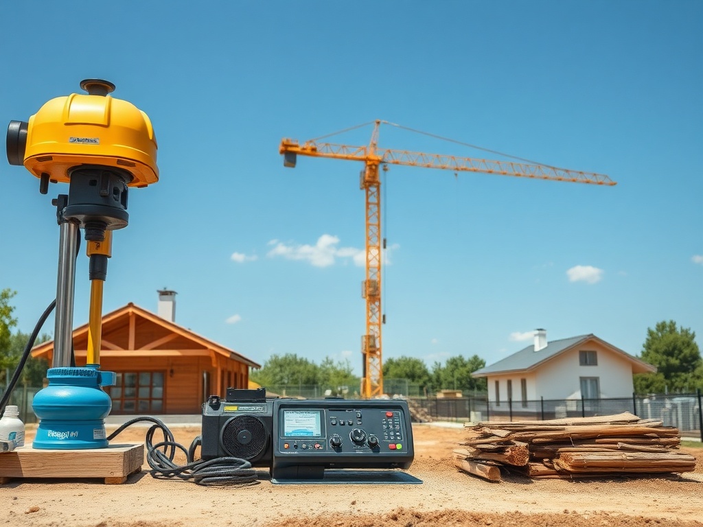 На строительной площадке установлена техника и виден кран, строящий новый дом. Солнечное небо.