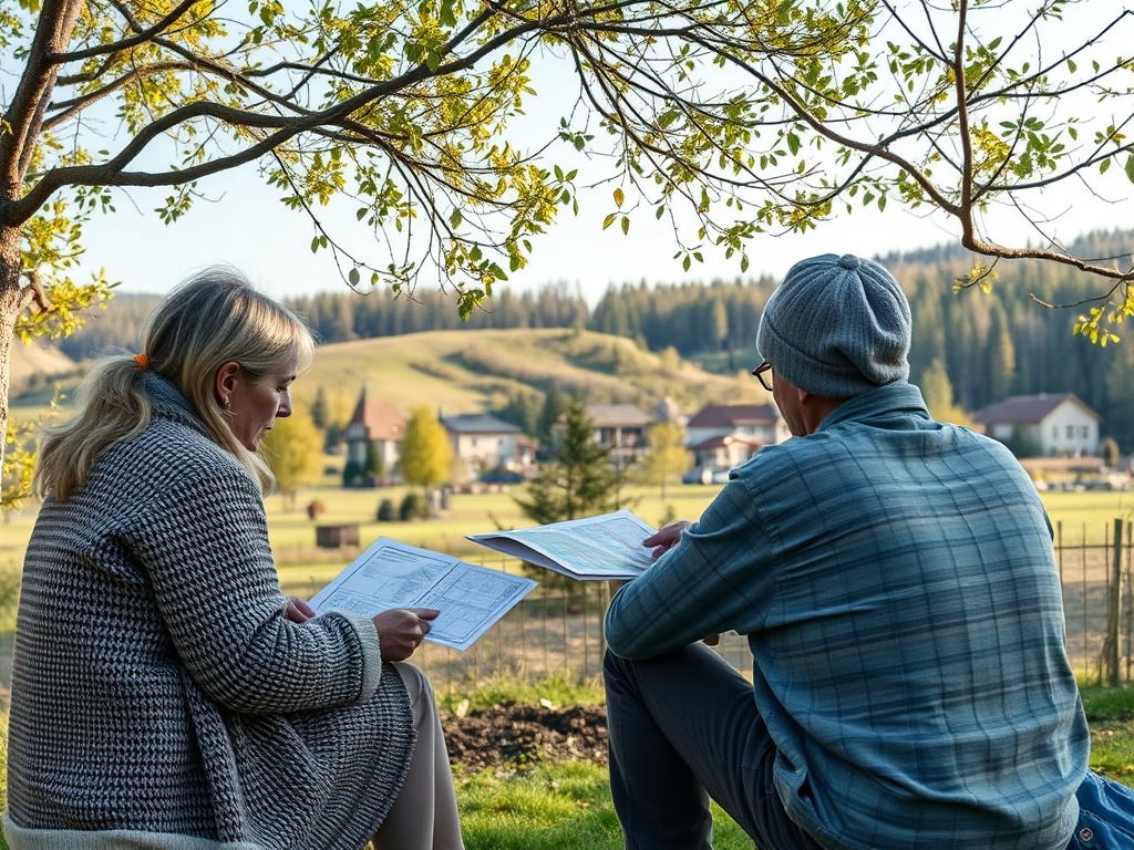 Два человека сидят под деревом и рассматривают бумаги на фоне зелёной природы и загородных домов.