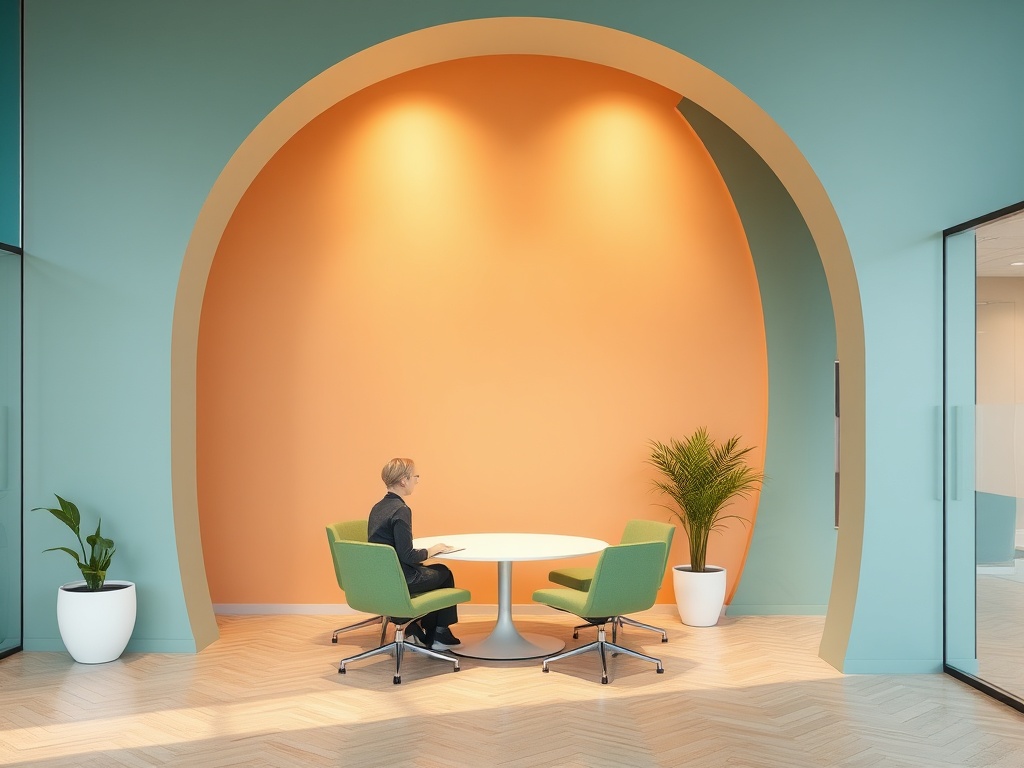 Современный офис с круглыми столами, зелеными стульями и яркой стеной, создающей уютную атмосферу.