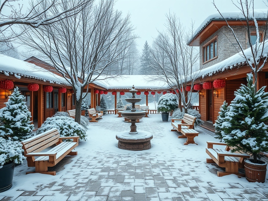 Зимний дворик с фонтаном, скамейками и снежным покровом, украшенный китайскими фонарями.