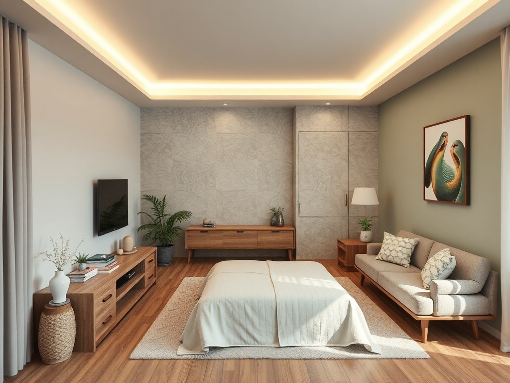 Современная спальня с мягким освещением, светлыми стенами и мебелью из дерева. Уютный интерьер с зелеными растениями.