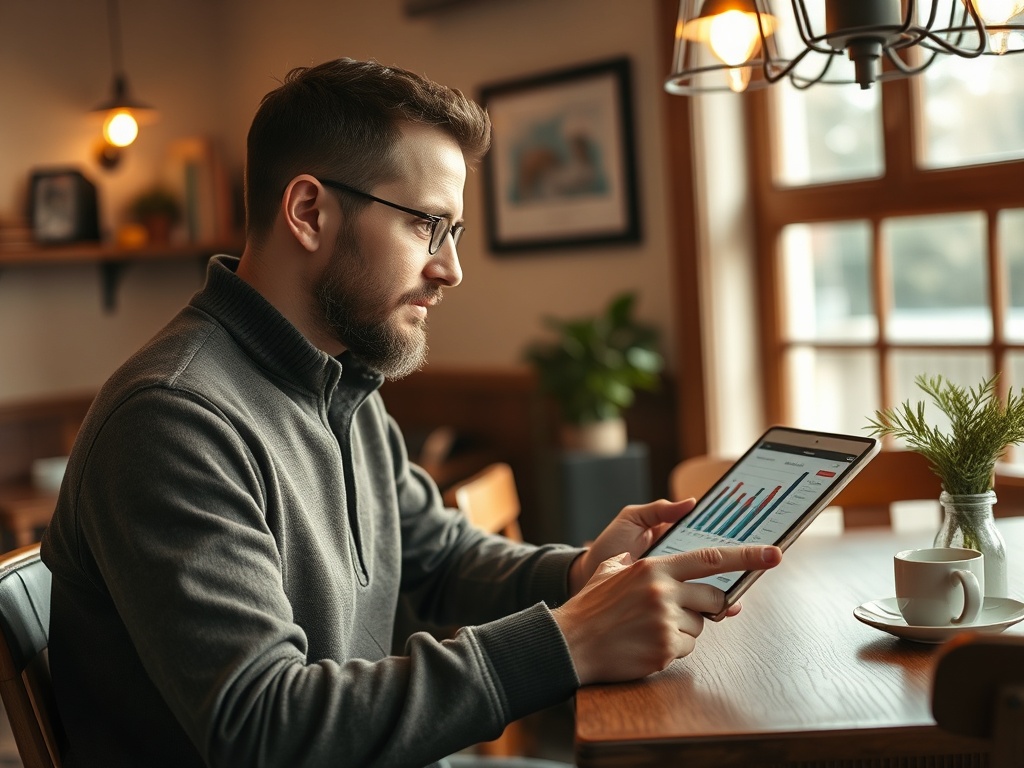 Молодой мужчина с бородой использует планшет в кафе, анализируя графики на экране. На столе - чашка кофе.