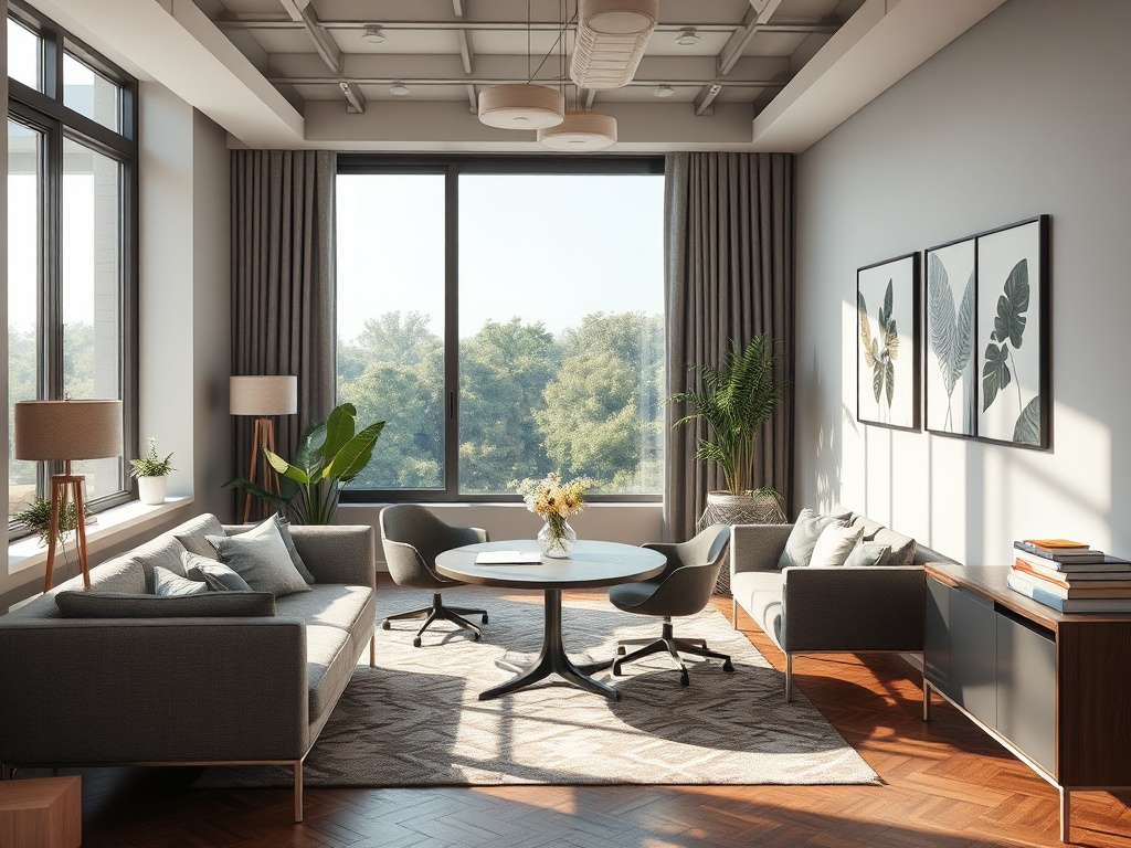 Светлая гостиная с большими окнами, соврем furniture и растениями на фоне зеленого пейзажа.