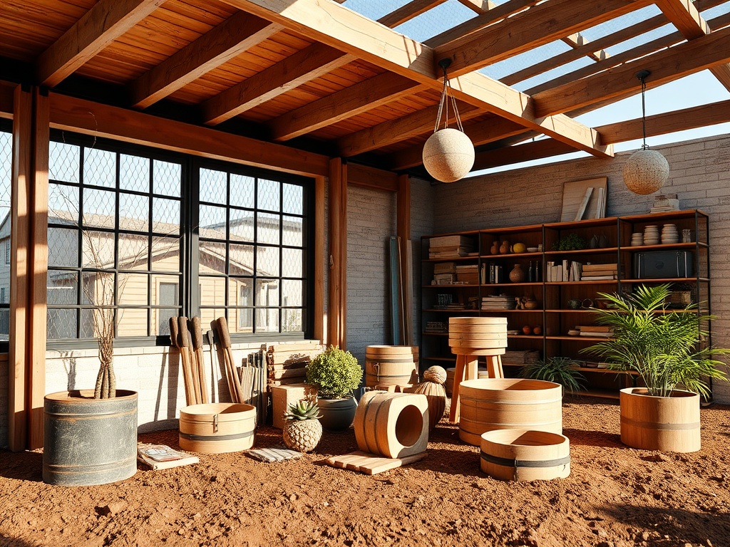 Светлое помещение с деревянными конструкциями, растениями и различными контейнерами для растений.