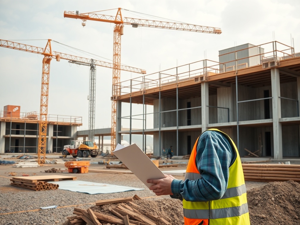 Рабочий в жилете изучает документы на строительной площадке с кранами и строительными материалами.