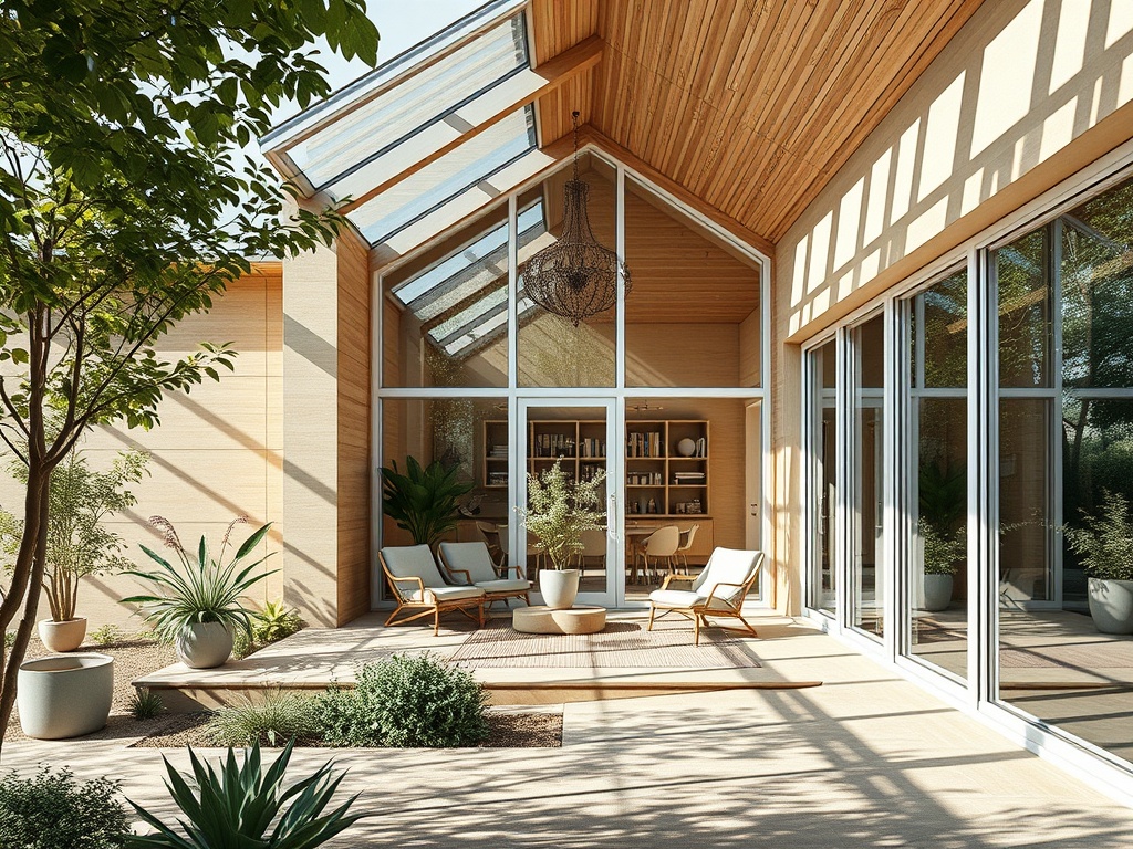 Уютная терраса с большими окнами, зелеными растениями и мягкими креслами для отдыха и чтения.