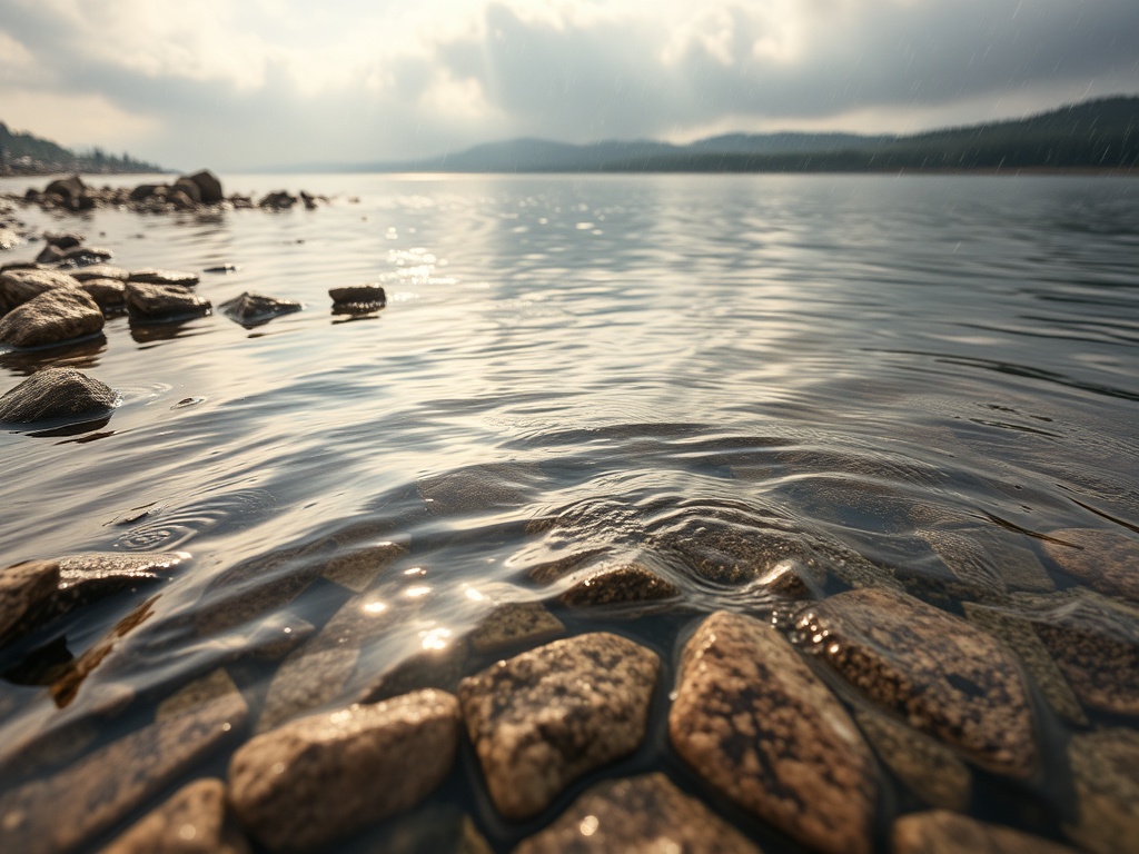 Тишина водоема, камни на берегу, легкие волны и облачное небо. Спокойствие природы на ландшафте.