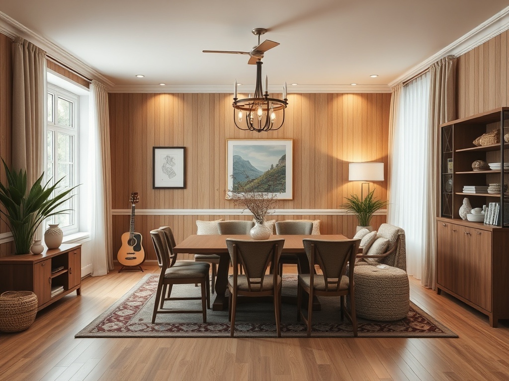 Современный уютный интерьер столовой с деревянными стенами, столом и стульями, гитарой и зелеными растениями.