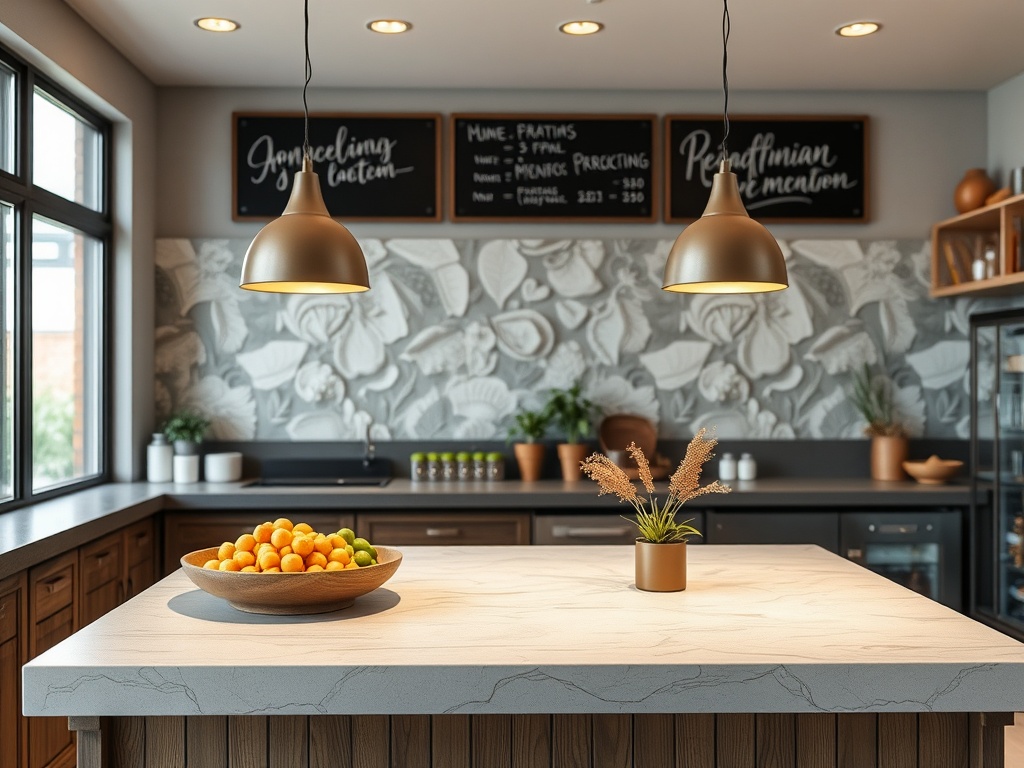 Современная кухня с яркими светильниками, фруктами в миске и стильным декором на стенах.