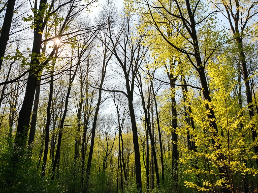 Солнечные лучи пробиваются сквозь деревья в зеленом лесу с яркими листьями и весенним настроением.