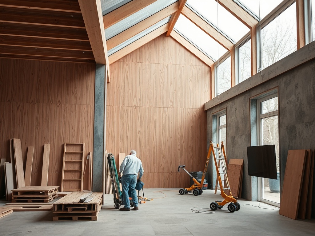 Внутри нового здания рабочий занимается укладкой деревянных панелей под светлым потолком.