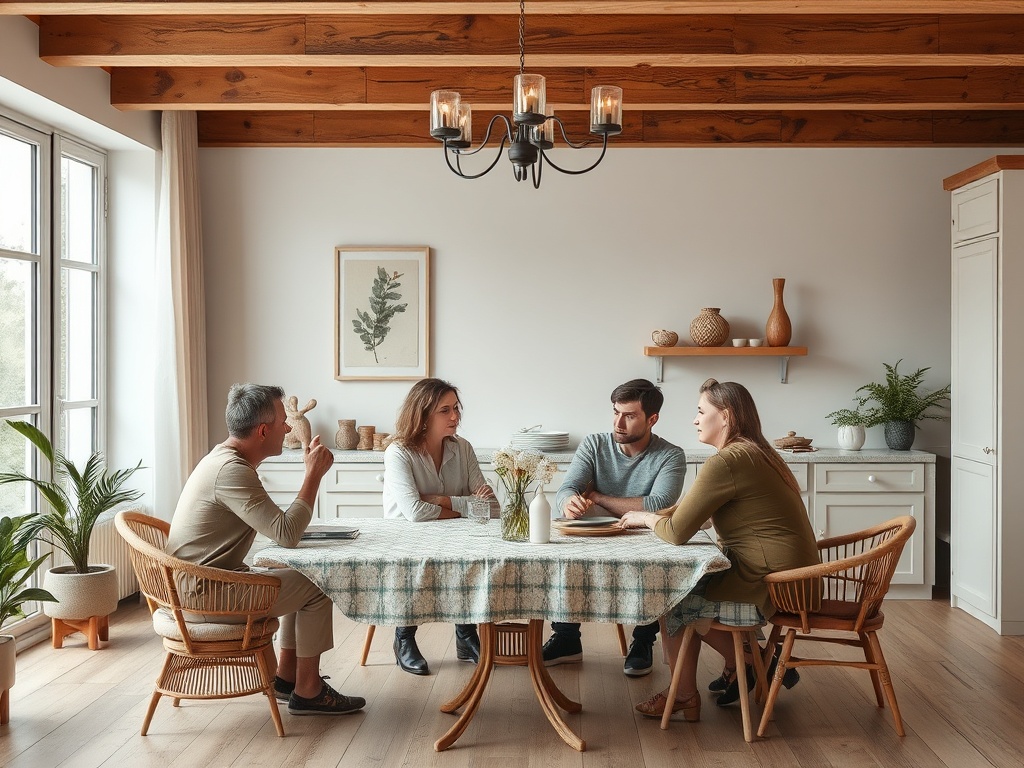 Четыре человека сидят за столом в уютной кухне, беседуя друг с другом. В комнате много света и растений.