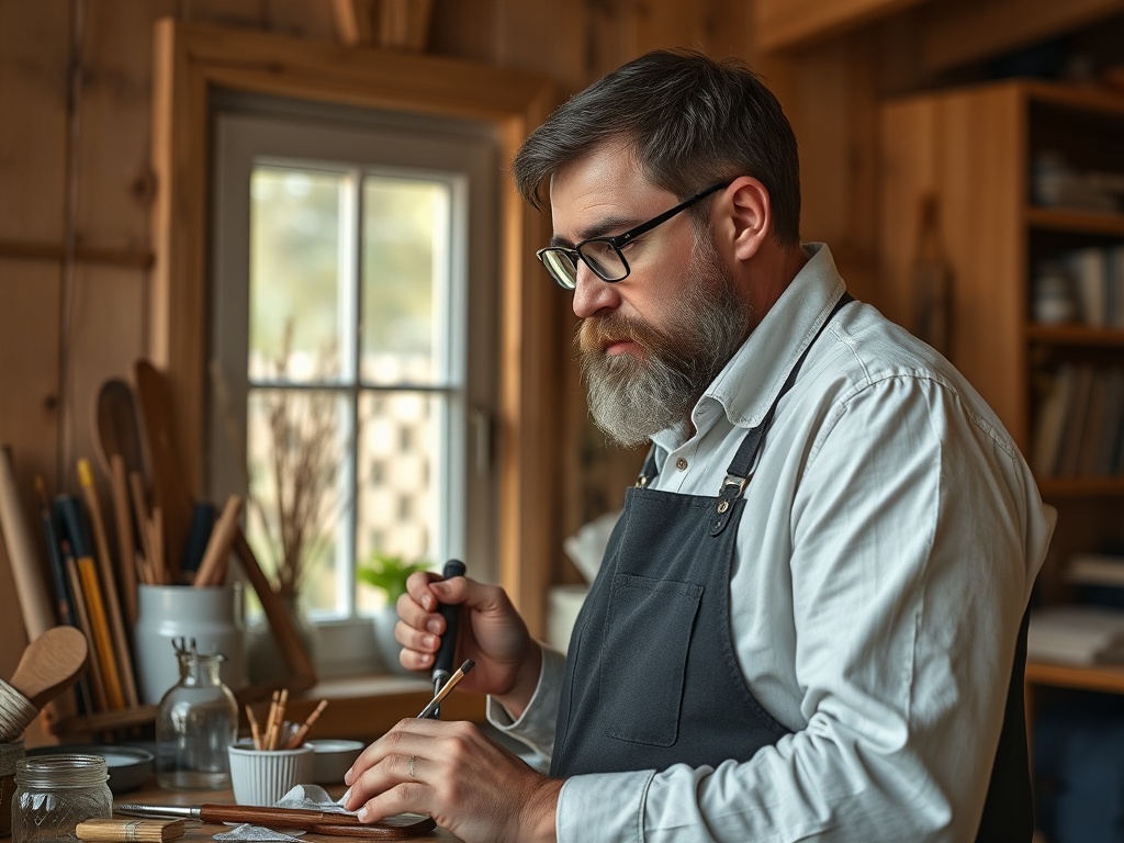 Мужчина с бородой и очками, работающий в мастерской, сфокусирован на создании предмета.