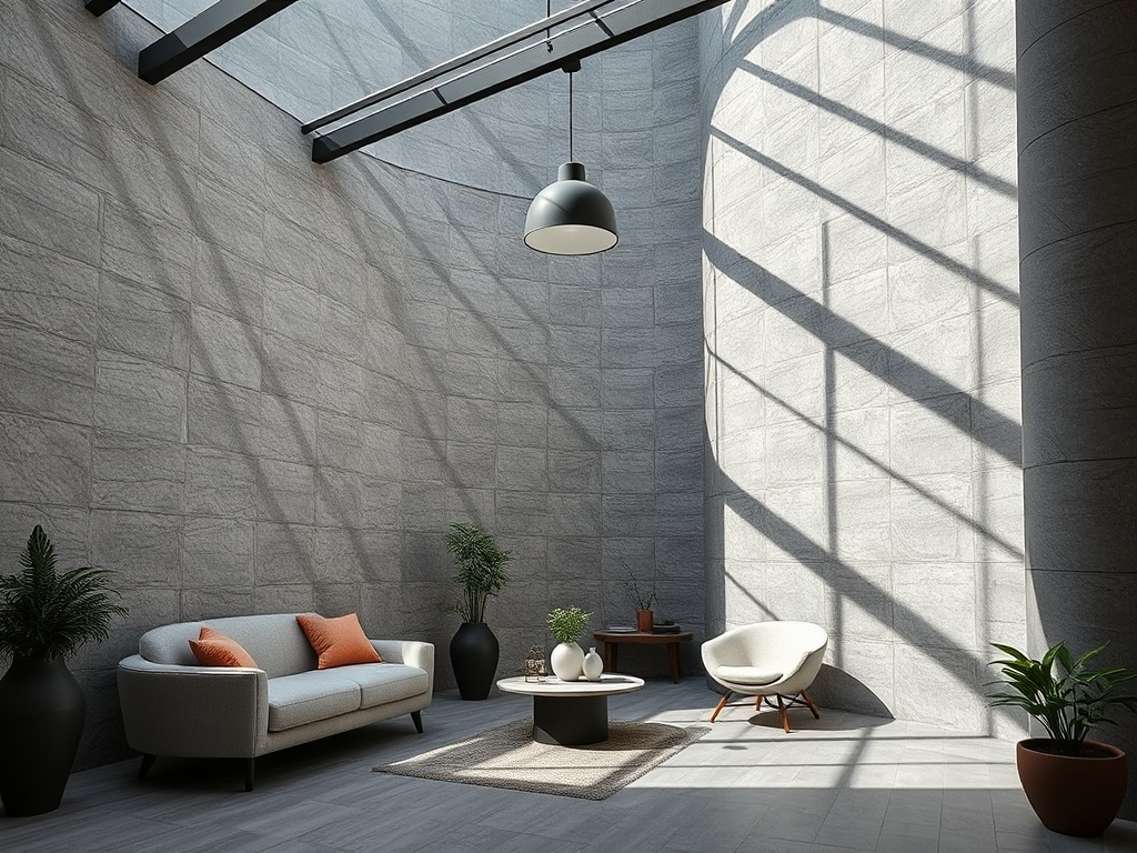 Современный интерьер с серыми стенами, диваном, растениями и ярким освещением. Уютная обстановка и стильный декор.