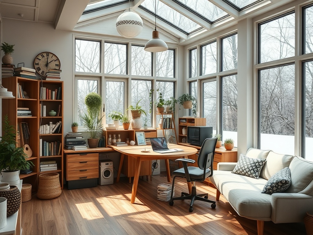 Светлая комната с большими окнами, уютным столом, книжными полками и растениями. Уютная атмосфера для работы.