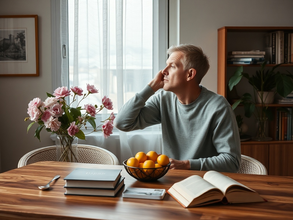 Мужчина в свитере смотрит в окно, рядом с ним цветы и чаша с фруктами на столе. Книги открыты, атмосфера спокойная.