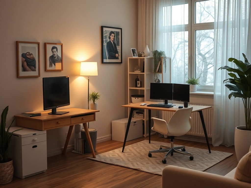 Уютный офис с двумя мониторами, письменным столом и растениями у окна. Теплый свет лампы создает атмосферу.