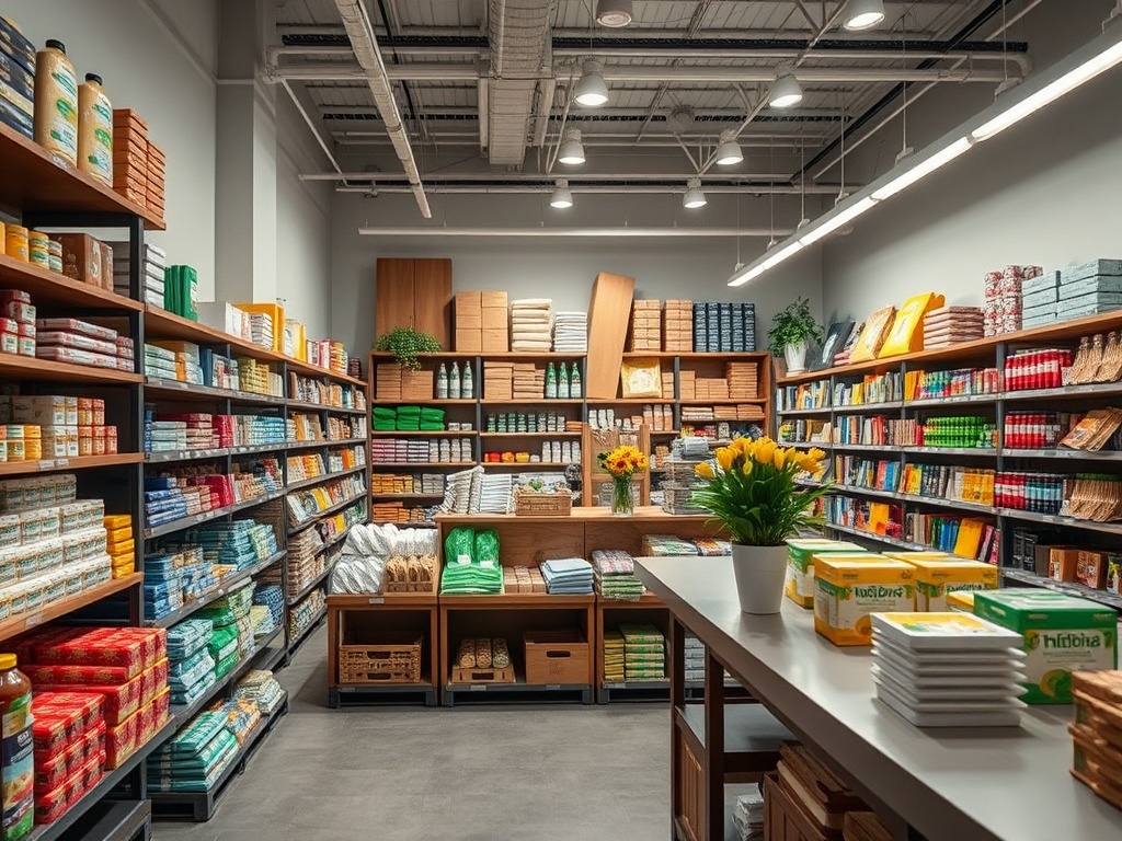 Светлый магазин с полками, заполненными продуктами, и букетом желтых тюльпанов на столе.