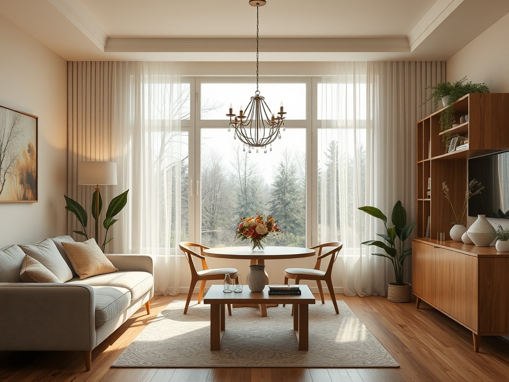 Современная гостиная с мягким диваном, деревянной мебелью и большими окнами, наполненная светом и зеленью.