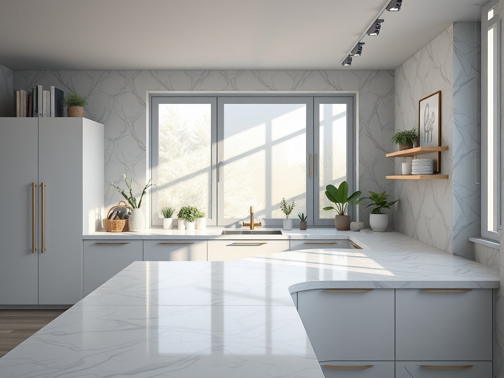 Современная кухня с белыми шкафами, мраморной столешницей и зелеными растениями возле окна. Солнечное освещение.