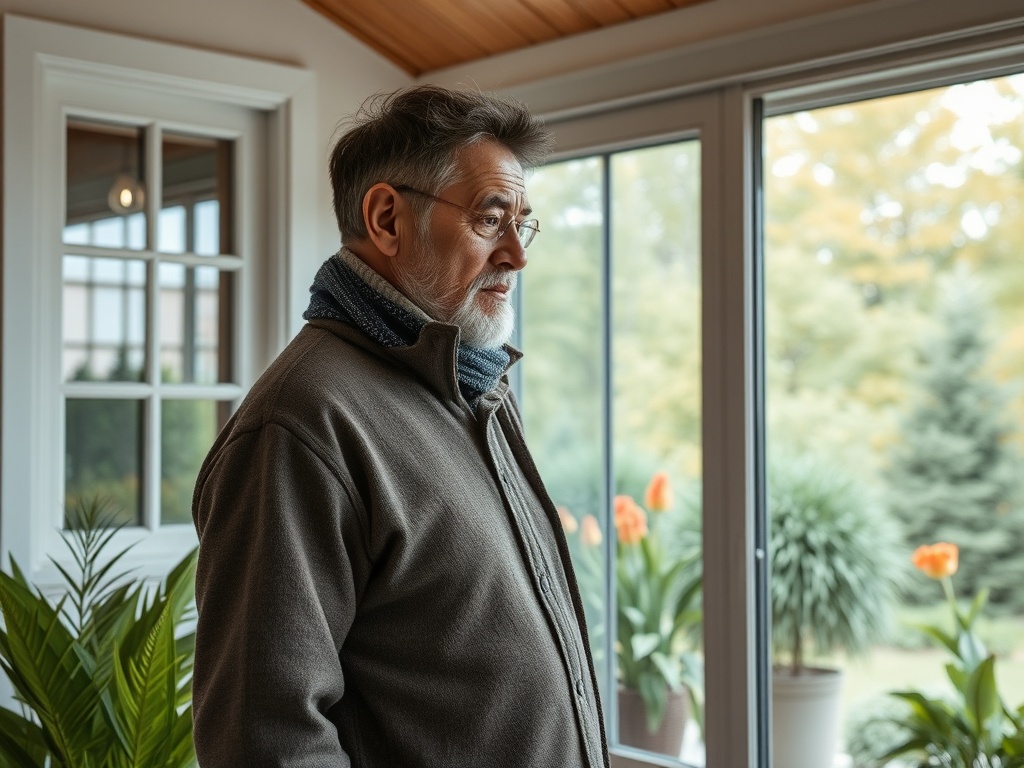 Пожилой мужчина в свитере смотрит в окно с видом на сад с зелёными растениями и цветами.