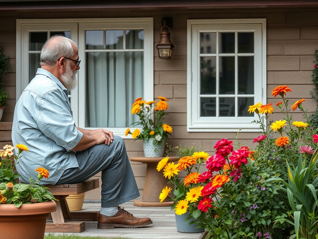 Пожилой мужчина с бородой сидит на скамейке в саду, окружённый цветами у дома.