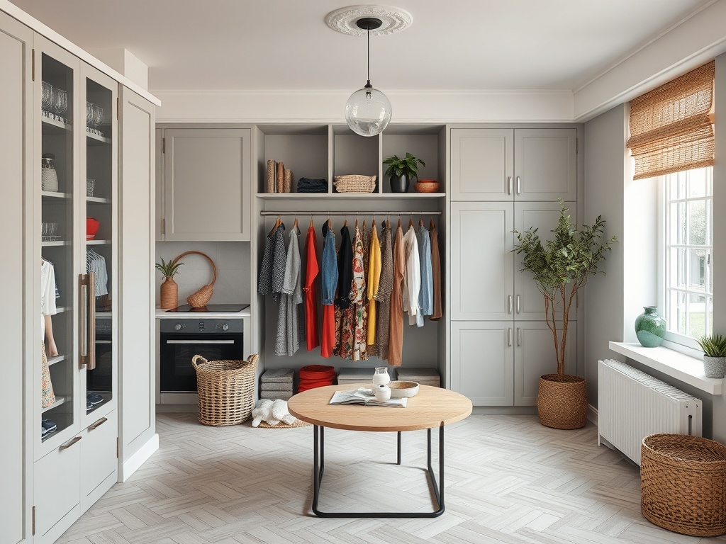 Современный интерьер с гардеробной, столом и уютными растениями на фоне светлых стен и окон.