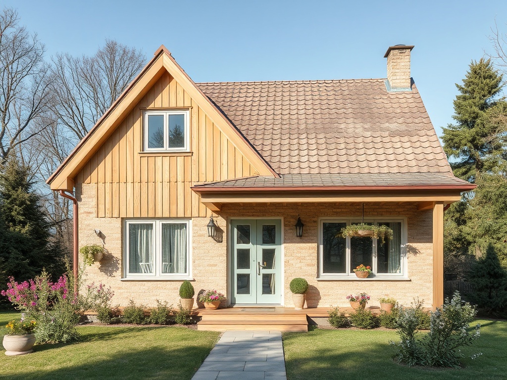 Современный уютный дом с деревянным фасадом и садом, окружённый зелеными деревьями и цветами.