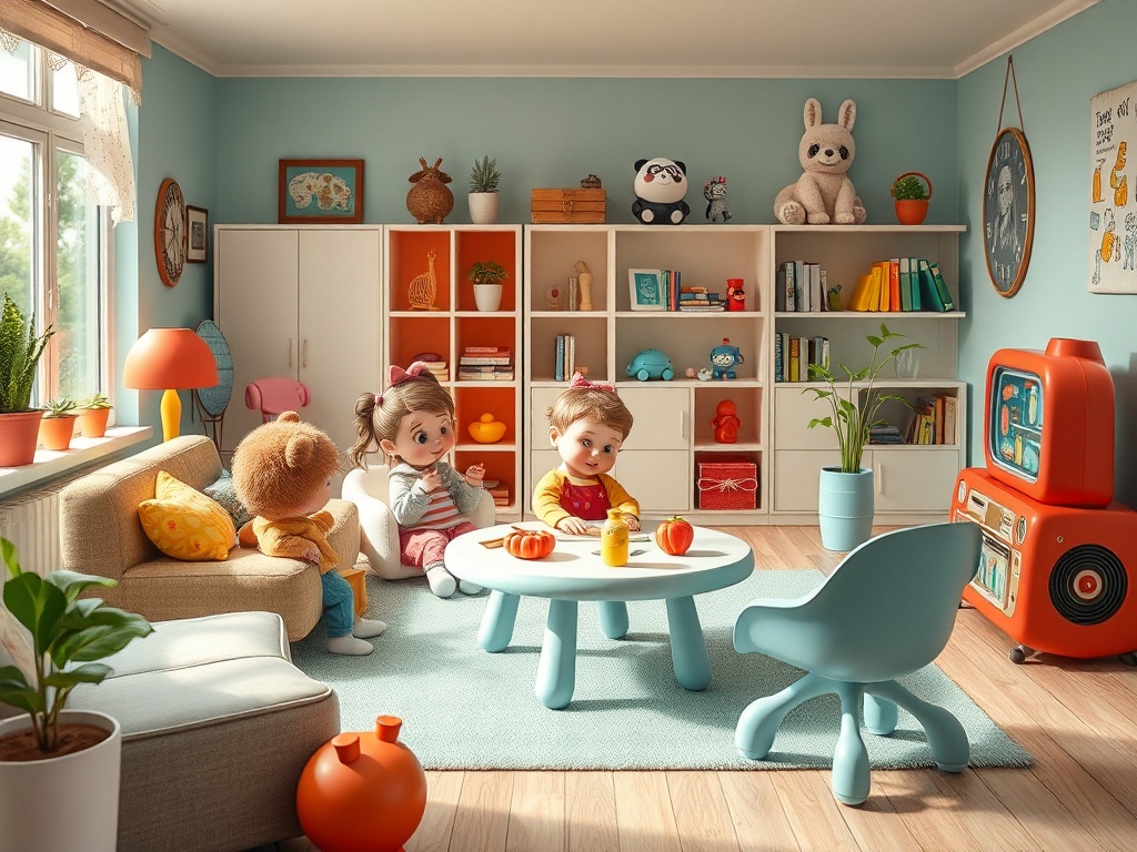 В комнате с яркими стенами дети играют за столом с игрушками и напитками. Мягкая мебель и милые детали.