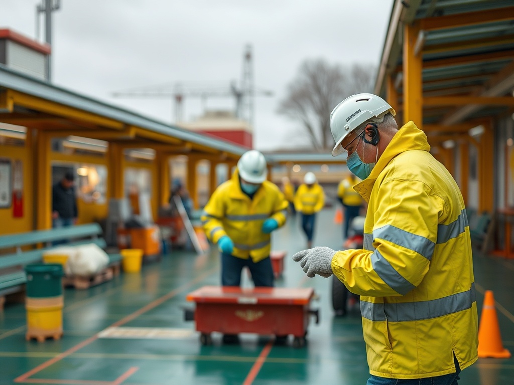 Рабочие в защитной одежде занимаются своими задачами на строительной площадке в облачную погоду.