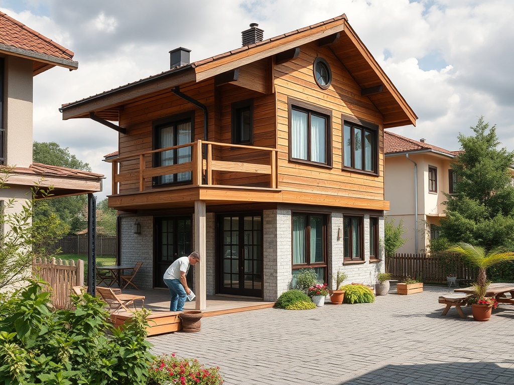 Двухэтажный деревянный дом с балконом, человек работает на террасе, ухаживая за площадкой.