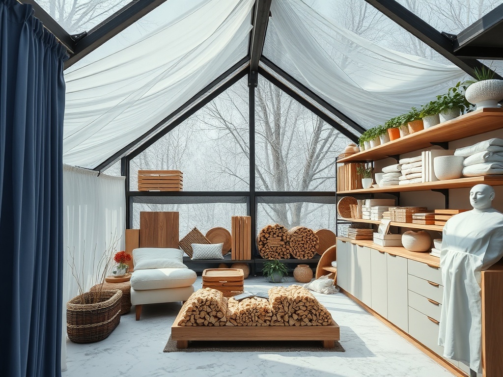 Современный интерьер с деревянной мебелью, растениями и стеклянной крышей, окружённый зимним лесом.