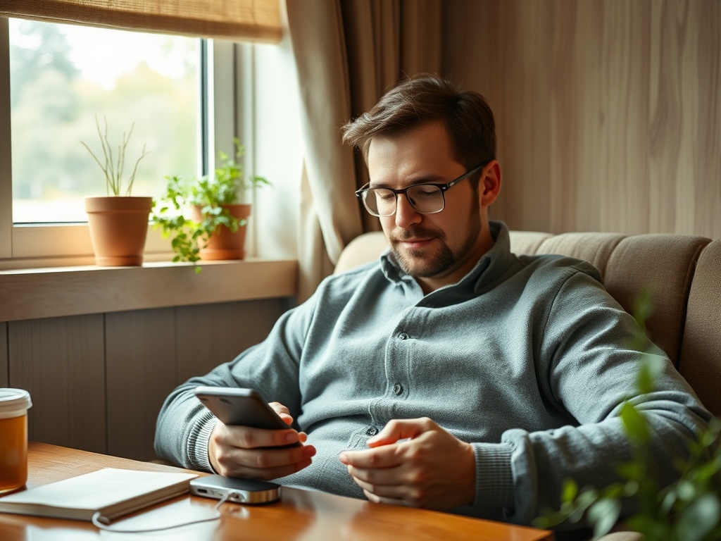 Мужчина в свитере сидит на диване, используя телефон, рядом растения и чашка с напитком.