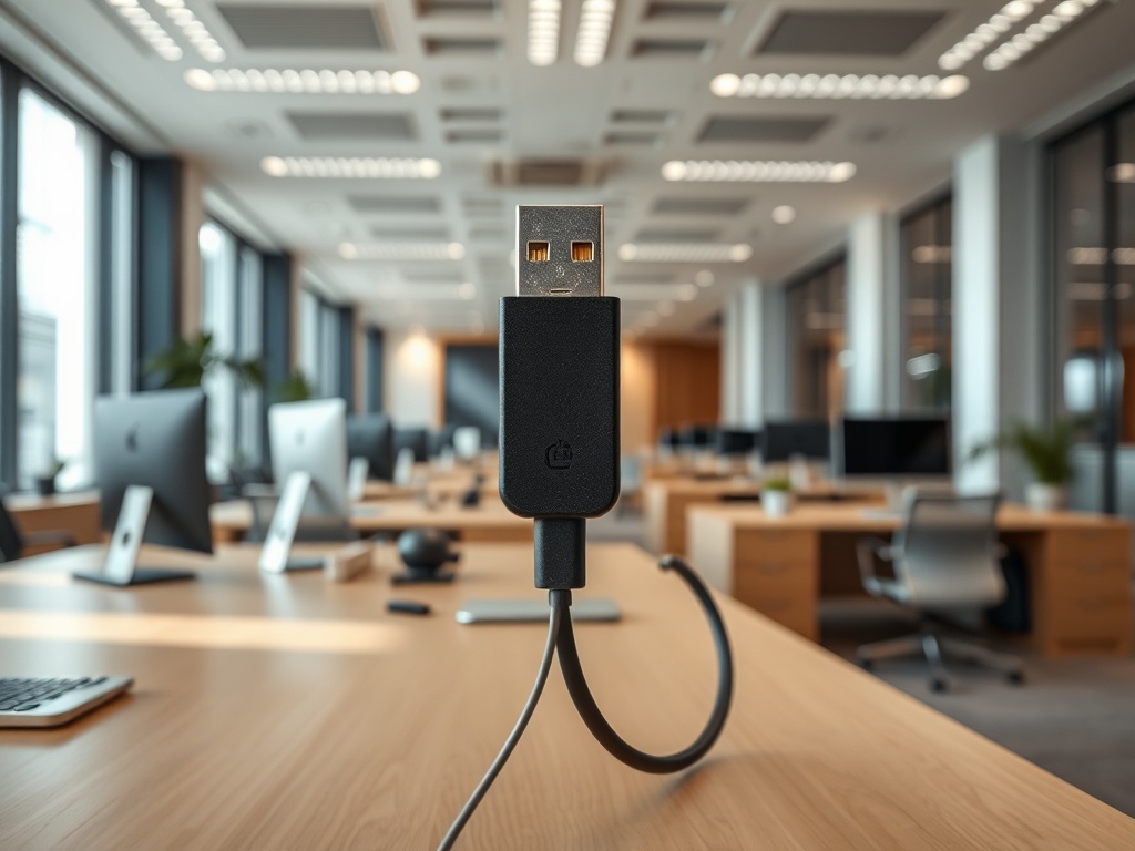 Кабель USB на столе в современном офисе с компьютерами и ярким освещением.