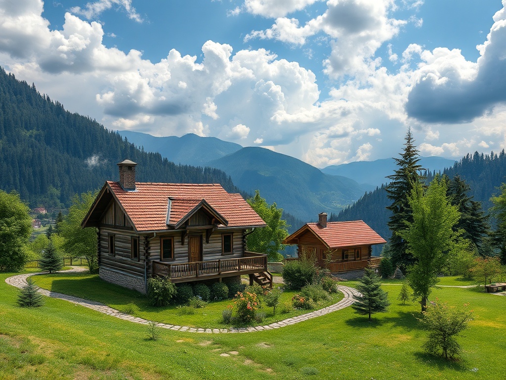 На изображении уютные деревянные дома на фоне горного пейзажа и голубого неба с облаками.