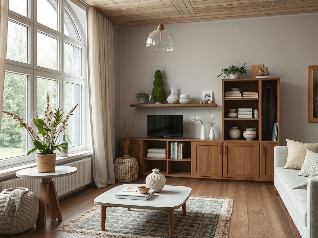 Современный интерьер гостиной с деревянной мебелью, растениями и большими окнами, залитыми светом.