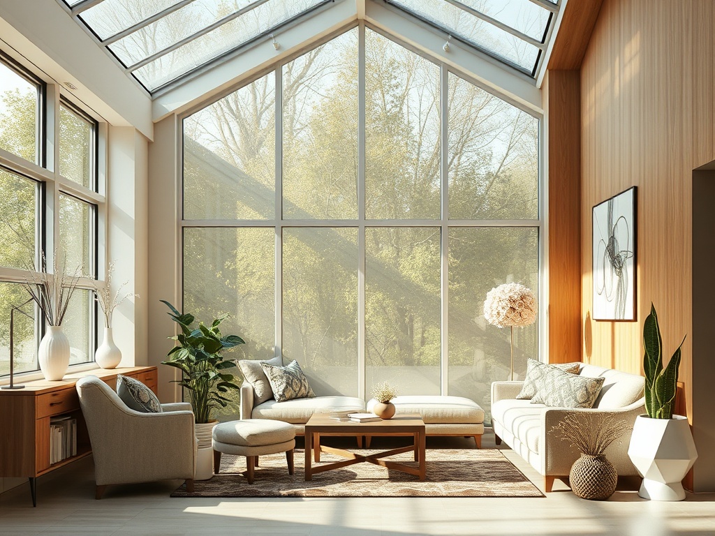 Современный светлый интерьер с большими окнами, зелеными растениями и уютной мебелью.