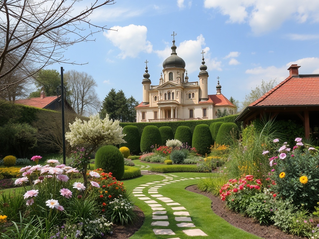 Сад с цветами и мощеной дорожкой на фоне красивой церкви под голубым небом.