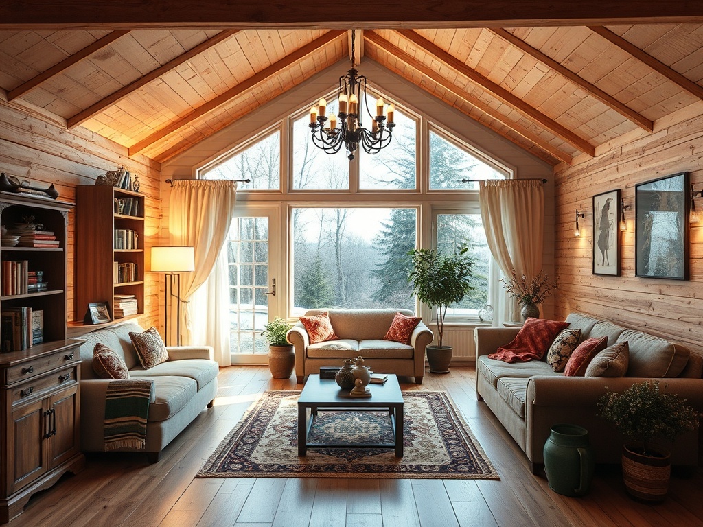 Уютная гостиная с деревянными стенами, большими окнами и стильной мебелью. Спокойная атмосфера.