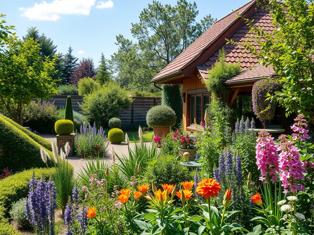 Вид красивого сада с цветами, кустами и домом, окружённым зеленью и яркими растениями под голубым небом.