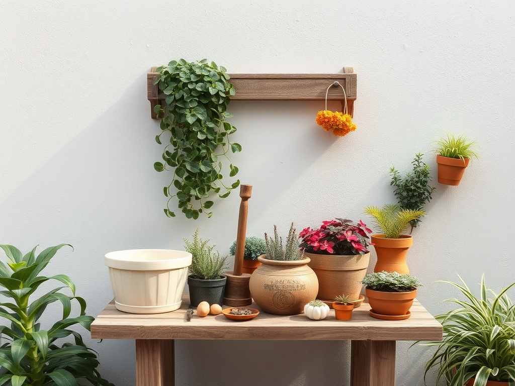 На столе стоят горшки с растениями, рядом яйца и декоративный тыквенный плод, зеленый фон.